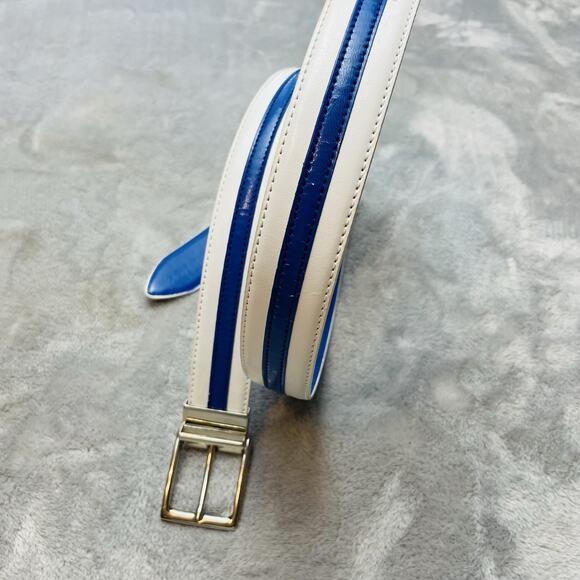 Beverly Hills Polo Club Belt Mens 38 White Blue Stripe Leather Preppy Nautical